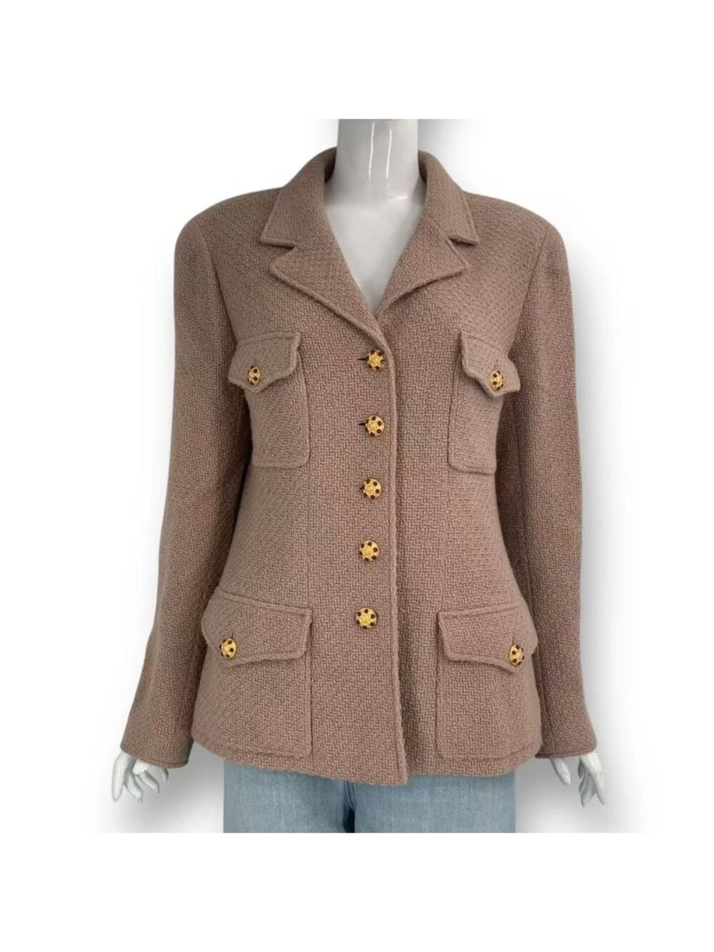 Chanel Gripoix Button Tweed Jacket Pink Beige Wool 44
